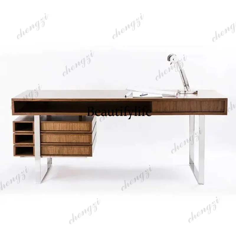 Italian minimalist black walnut desk writing desk light luxury stainless steel solid wood desk