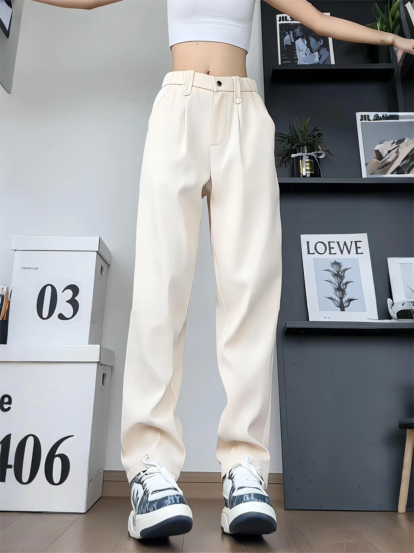 

High Waist Straight Leg Men's Pants Autumn Casual Slim Fit Drapey Trousers Khaki Color Youth Faion Polyester Fiber