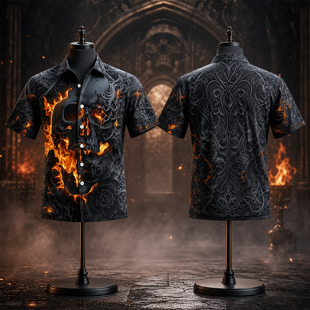 Men's Skull Flame Halloween Costume Shirt Button-Up Short Sleeve Gothic Style Breathable Quick-Dry Lightweight Top for Halloween