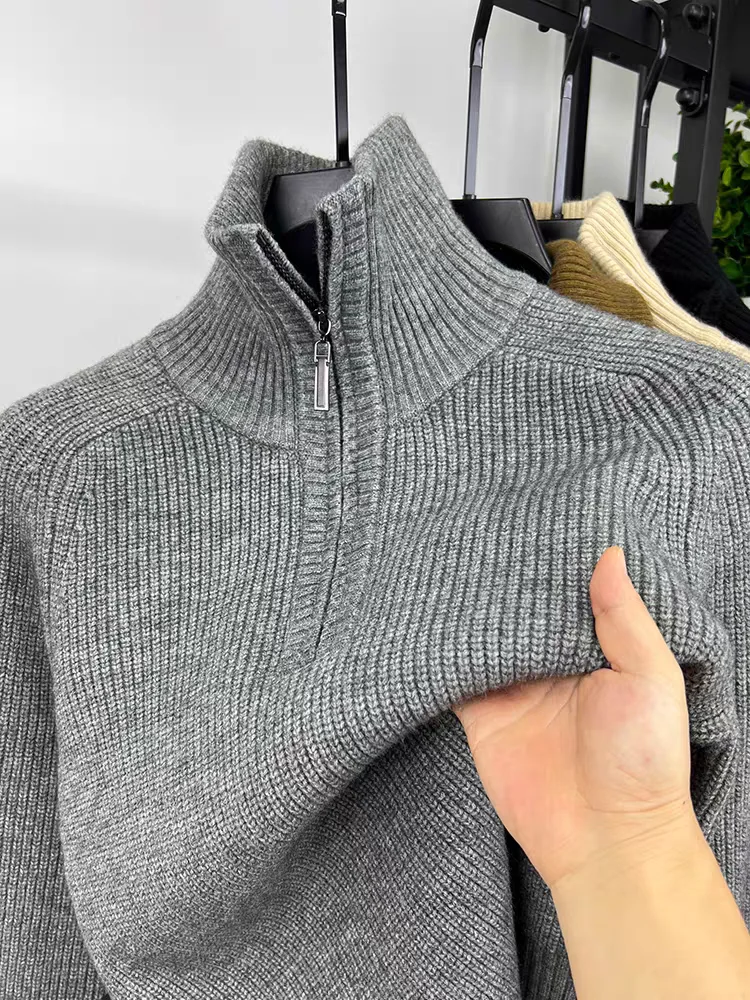 High quality luxury 2024 autumn and winter solid color high neck half zipper men's sweater casual warm thick  knitted  pullover