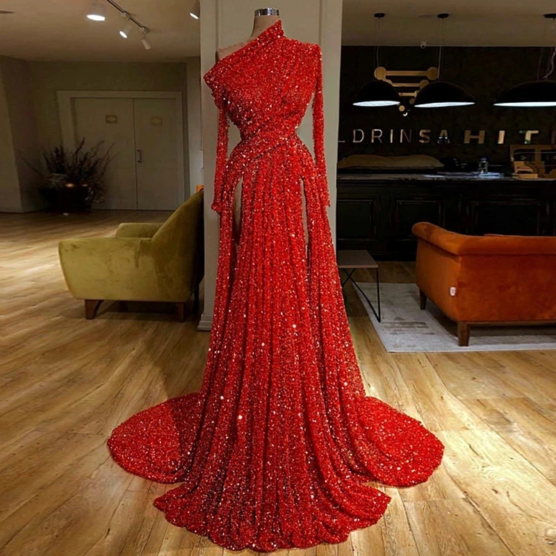 Wine Red Evening Dresses Women\'s Sparkling Sequins Mermaid Long Sleeve Pleated Side High Split 2023 Prom Gowns Vestidos De Noche