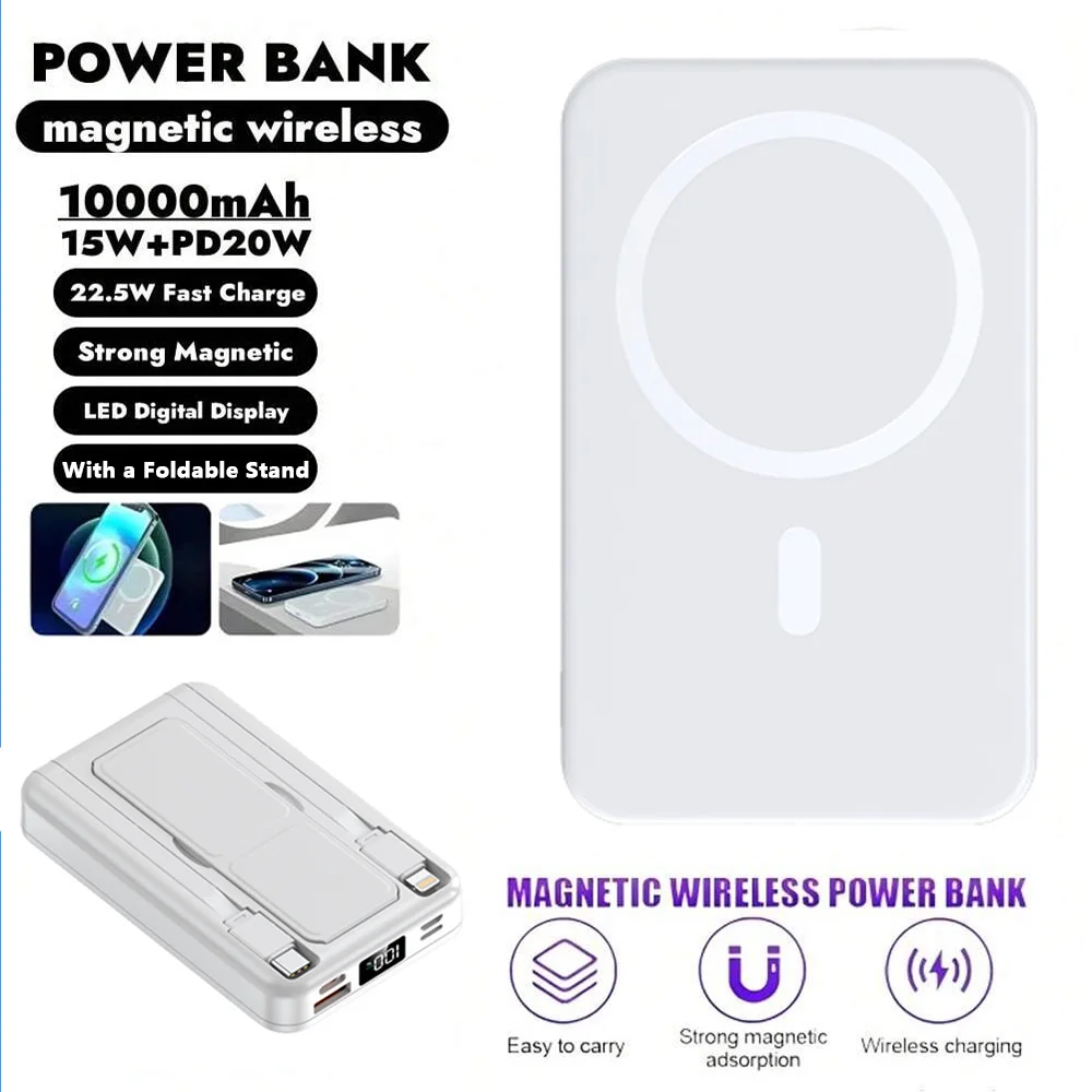 10000mAh Große Kapazität Magnetische Kabellose Powerbank, Eingebaute 2 Typ-C-Kabel, Faltbarer Ständer, PD Schnellladung, Tragbares Ladegerät