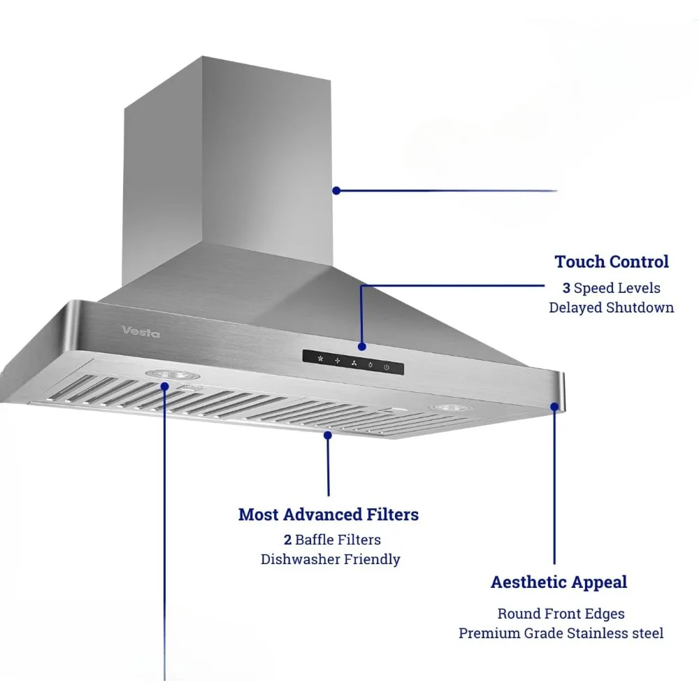 30 Inches Stainless Steel European Style Wall Mount Range Hood With LED Lights Touch Screen Round Front Edges