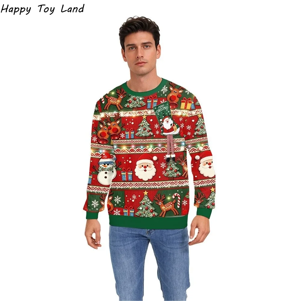 Outfit 3D Digital Print Christmas Sweatshirt Long Sleeve Casual Santa Claus Pullover Red Festive Christmas Crewneck Xmas