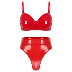 Womens Pole Dance Rave Outfit Wet Look Patent Leather Wire-free No Padded Bra Top with High Waist Adjustable Back Buckle Briefs