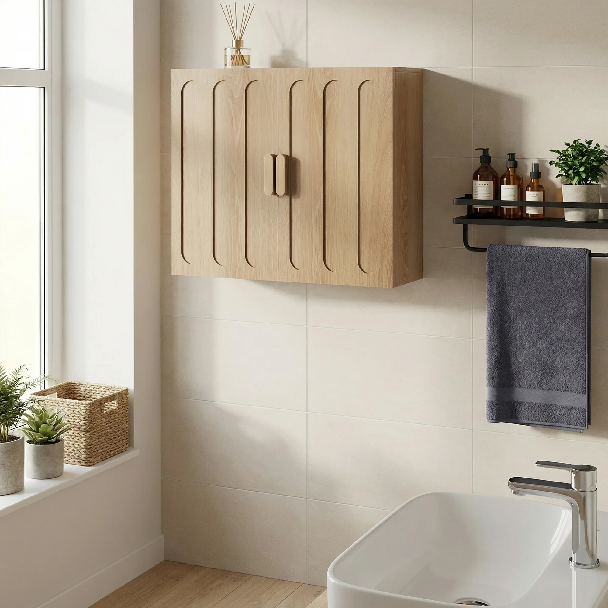 Armoire à pharmacie murale en chêne avec étagères réglables – Rangement suspendu pour salle de bain, buanderie, cuisine ou salon – Conception gain de place, charnières antirouille – MDF robuste, montage facile – Moderne et fonctionnel