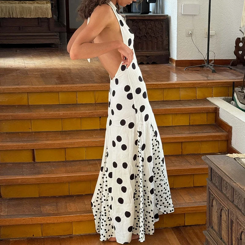 Casual Hollow Sleeveless High Waist Dresses New 2025 Low Cut V-neck Summer Long Dress Floral Print Vacation Backless Beach Dress