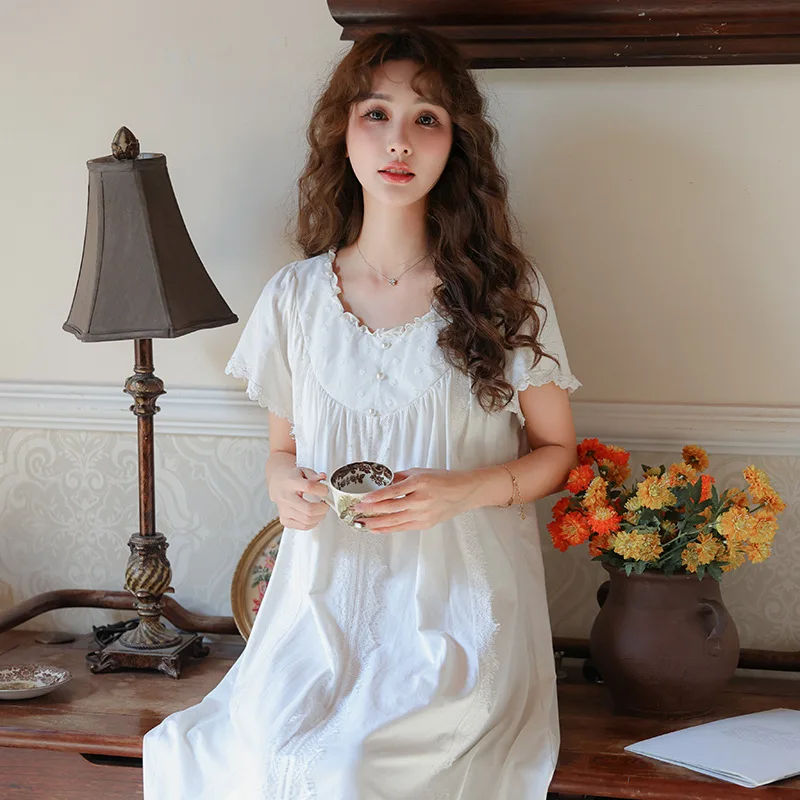 Vintage Pure Cotton Night Dress Fairy Women Round Neck Short Sleeve Nightgown Sexy Long Nightgown Princess Lace Robe Sleepwear