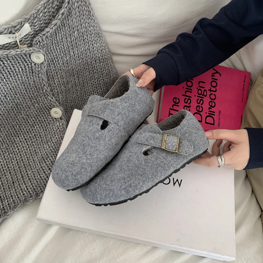 حذاء بدون كعب للنساء بإبزيم حذاء بمقدمة مستديرة مصمم مريح حذاء مسطح مسطح شتوي دافئ حذاء ماري جين zapatos mujer