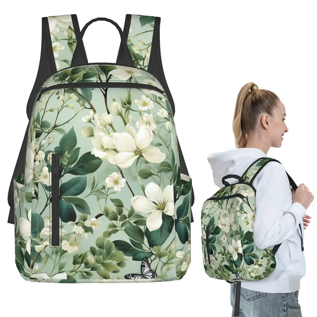 

Thick Of Green Foliage And White Blossoms Backpack Student BookBag Kids School Bag Computer Shoulder Bags Men Women