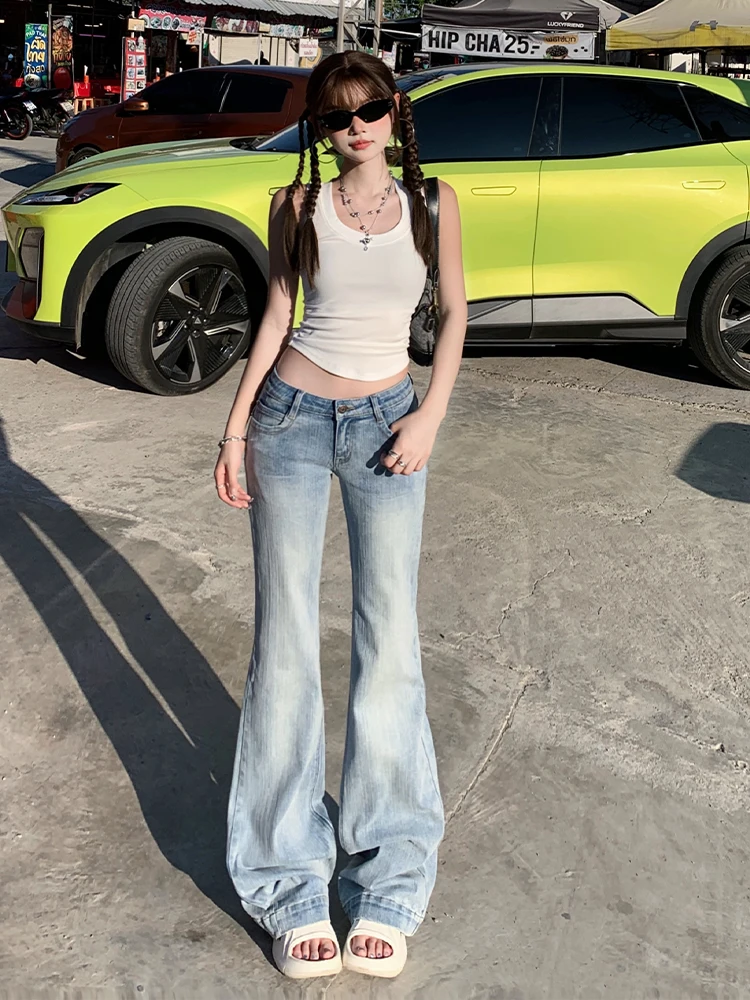 

Low Waist Bell Bottom Denim Jeans Women's Light Blue Washed American Retro Bamboo Pattern Durable Casual Long Pants