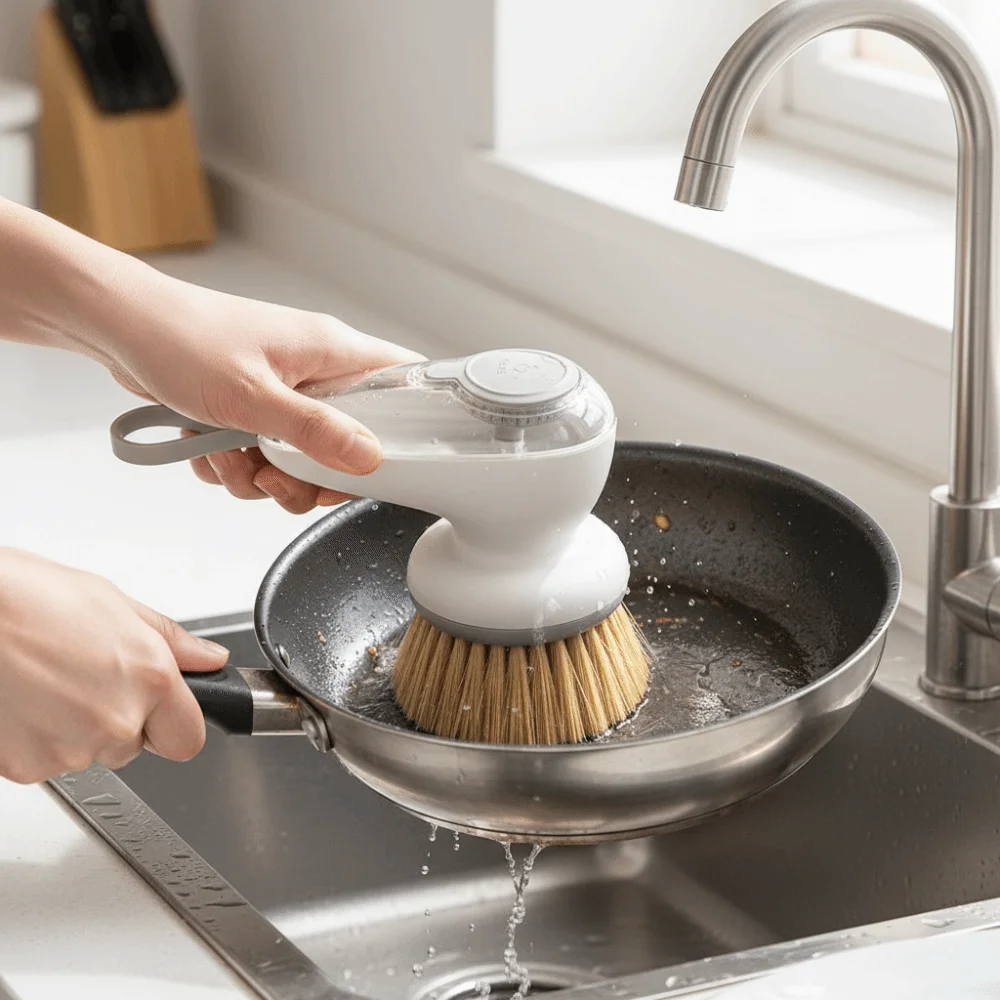 

2PCS/SET Efficient Automatic Liquid Dispensing Pot Brush Press-Type Hanging Dishwashing Brush Plastic Non-Damaging Kitchen Scrub