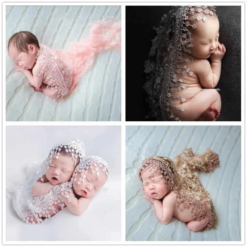 

Newborn Photography Lace Wrap Triangle Mesh Swaddle with Tassels Delicate Romper Headband Set Photo Shoot Hypoallergenic Prop