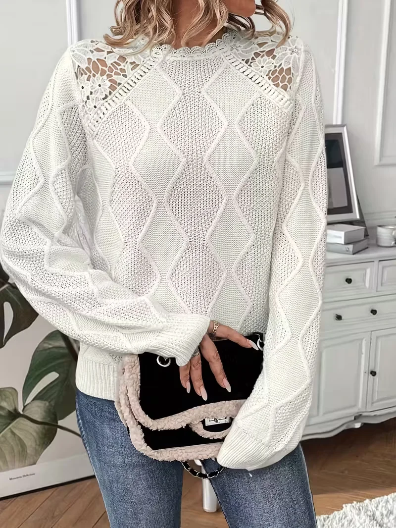 Suéter de malha de renda grossa elegante feminino, cor sólida em torno do pescoço de manga comprida casual solto pulôver macio, pulôver de renda pullo