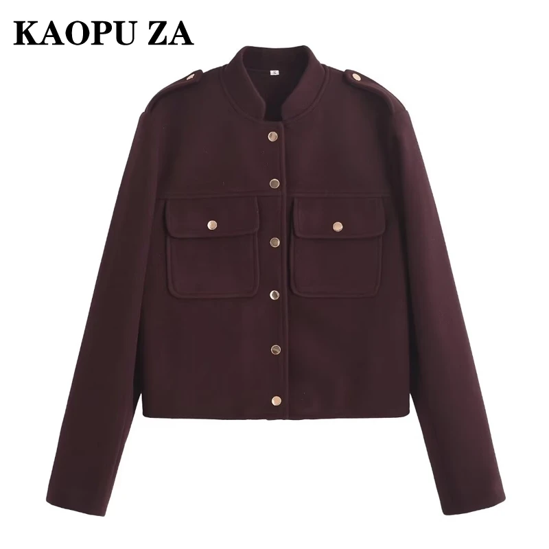 KAOPU ZA 2024 Autumn New Woman's Chic Long Sleeve Top Coat Fashion Winter Woman Stand Collar Jacket Loose Fit Thick Gold Button