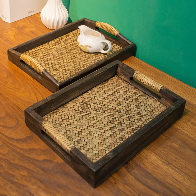 Limited Thai Wooden Rattan Woven Rectangular Home Storage Tray Tea Set Water Cup Retro Kitchen Japanese Style Decorative