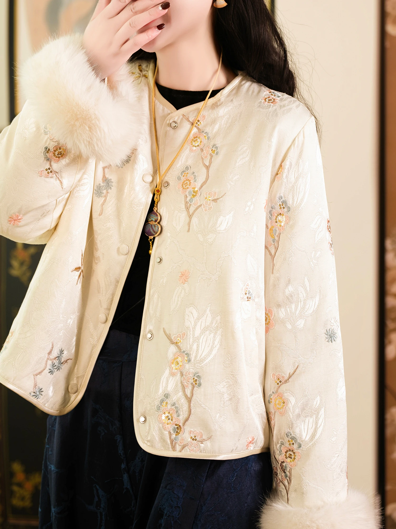 

Ele Embroidered Cotton Jaet with Fur Collar And Cuffs Winter Commute Sle Thiened Long Sve round Ne Single Button