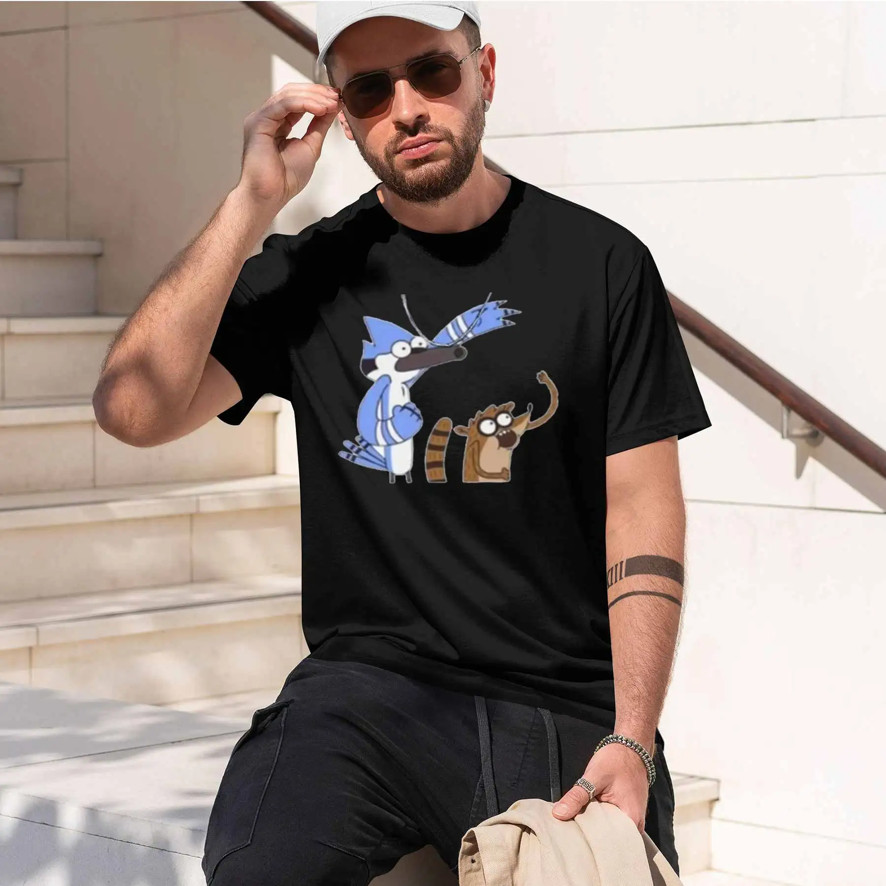 2026 new printed T-shirtMen's Casual T-Shirt with Regular Show Mordecai and Rigby Print Loose Breathable Retro Top