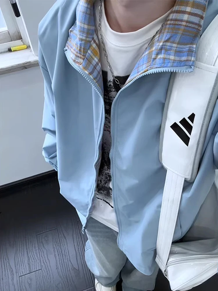 

Синий клетчатый воротник-стойка, мужская куртка, осенне-зимняя шикарная верхняя одежда для пар, подходит-стойка, Che American id, сращивание