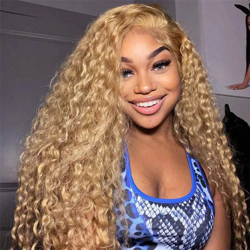 

27# Honey Blonde Lace Front Wig Deep Wave Frontal Wig Curly Human Hair Wig 13x6 Colored Human Hair Wigs 250 Density 30 Inches