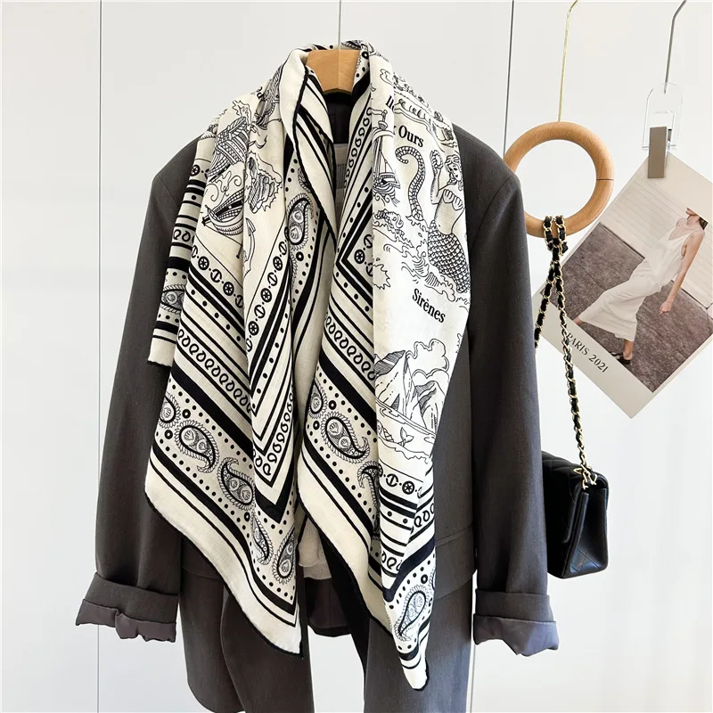 Luxury Wool Scarves Wraps Womens Large Square Wool Blanket Scarf Shawl Echarpe for Autumn Winter 132x132CM