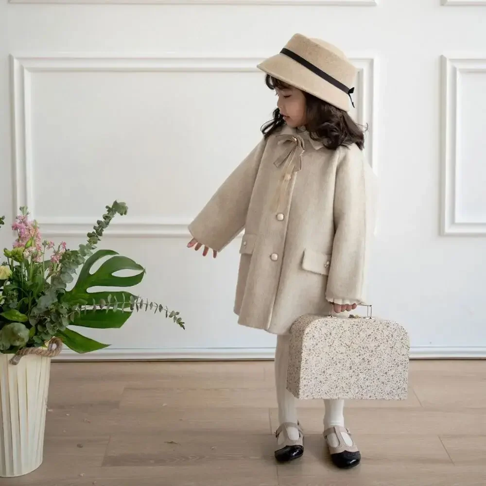 

New Apricot Bow Woolen Coat Girls' Winter Collar Woolen Coat Children's Clothing 2025 Autumn/Winter