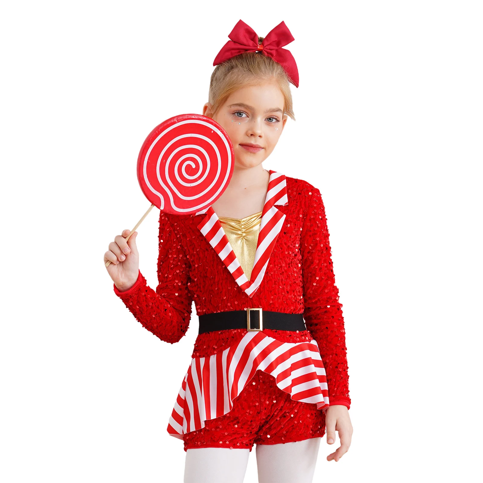 

Girl Christmas Cospaly Outfit Lapel Collar Long Sleeve Boycut Bodysuit Sequins Stripes Dress Christmas Party Candy Cane Costume