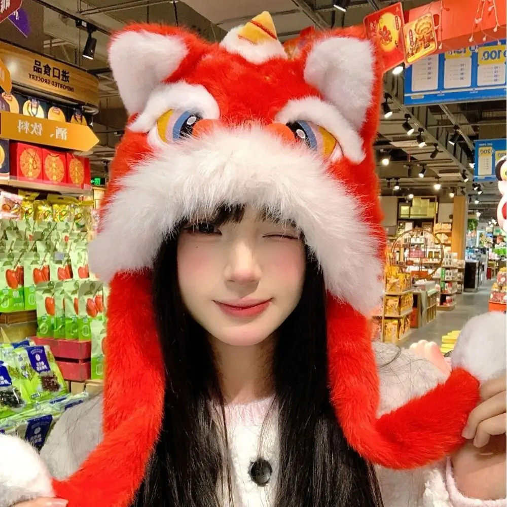 

Kawaii Ear Muffs Lion Dance Hat Thickened Chinese Style New Year Red Cap Ears Can Move Cute Plush Beanies Female/Girls