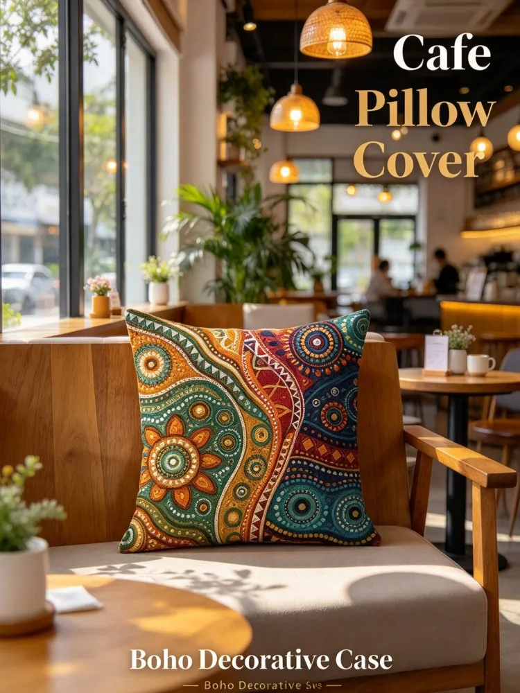 VIKAMA New Arrival Green Boho Pillow Cover, Colorful Orange Gold Geometric Mandala Decorative Cushion Case, Throw Pillowcase
