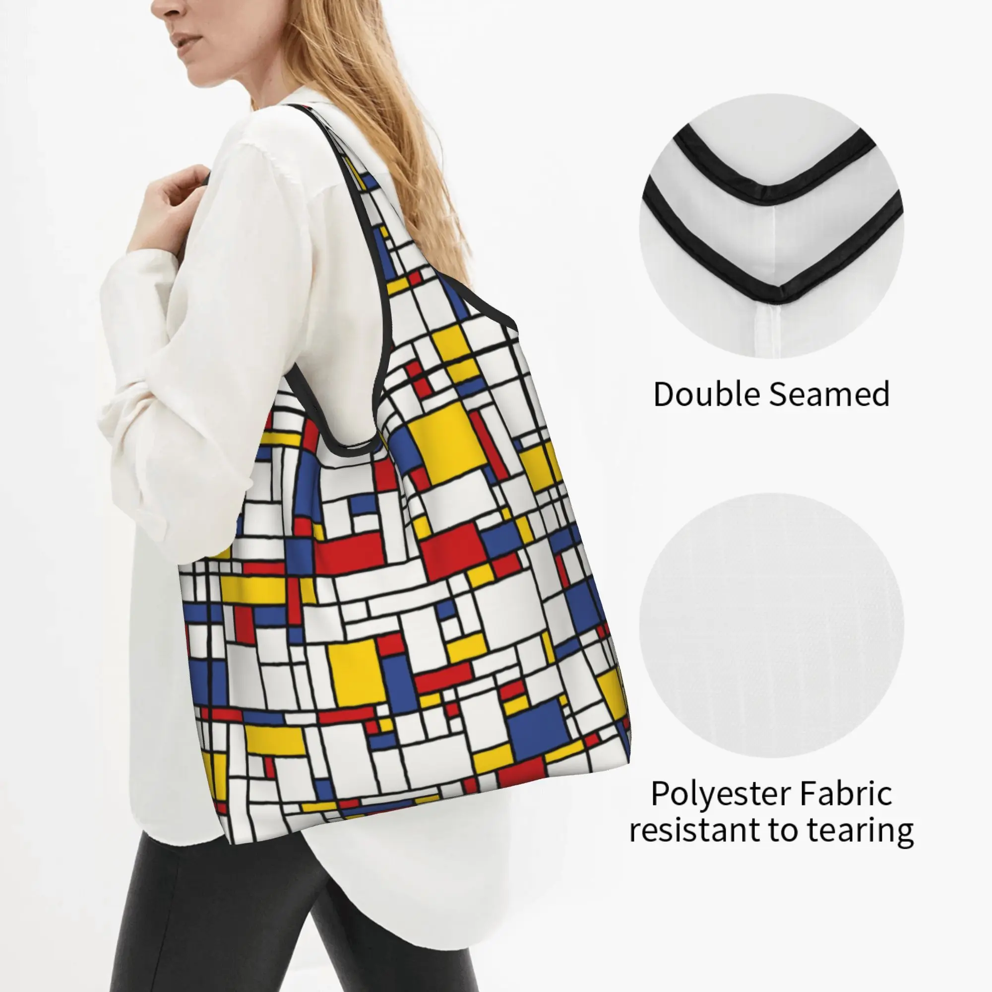 Cute Printed Piet Mondrian Abstract Pop Art 1960s Red Blue Yellow Rectangles Tote Shopping Bags Shopper Shoulder Handbag