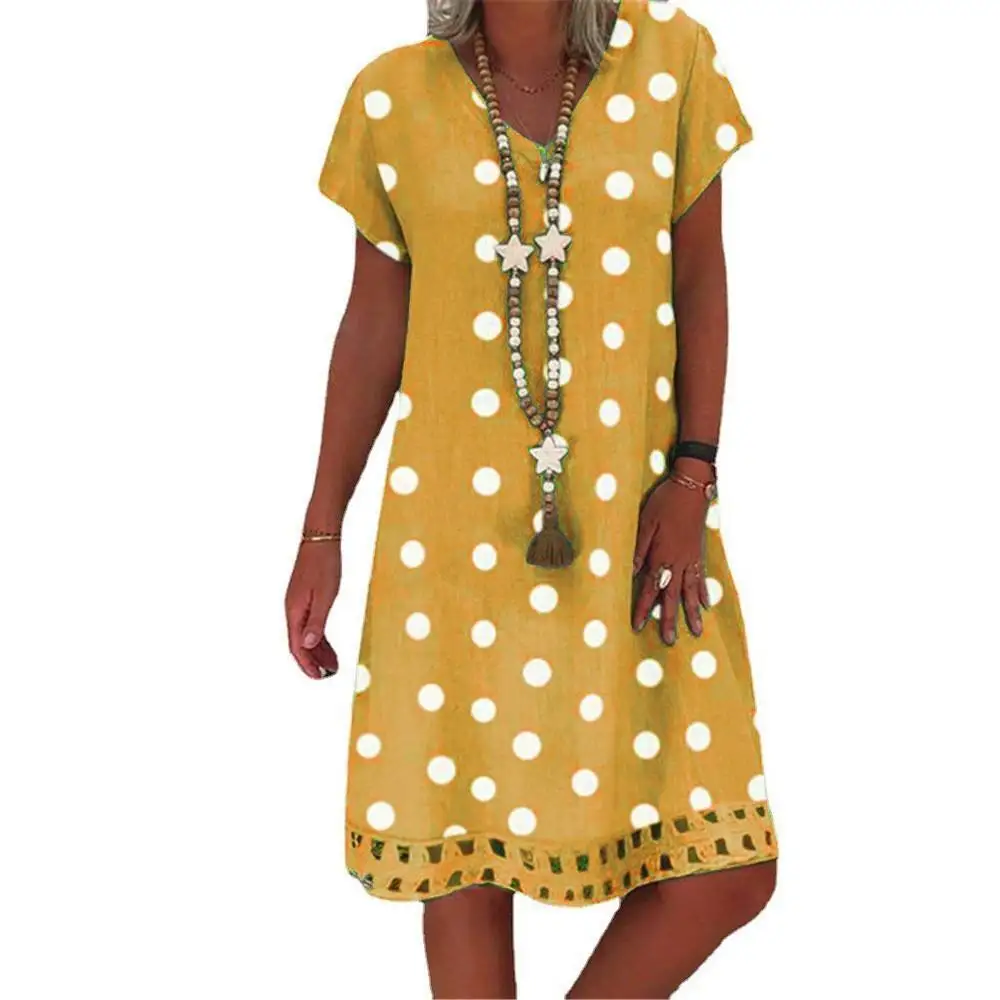 Printemps été à pois V Ne ort Sve imprimé Midi Dr Princ Sle Faionable trajet vent fibre de Polyester