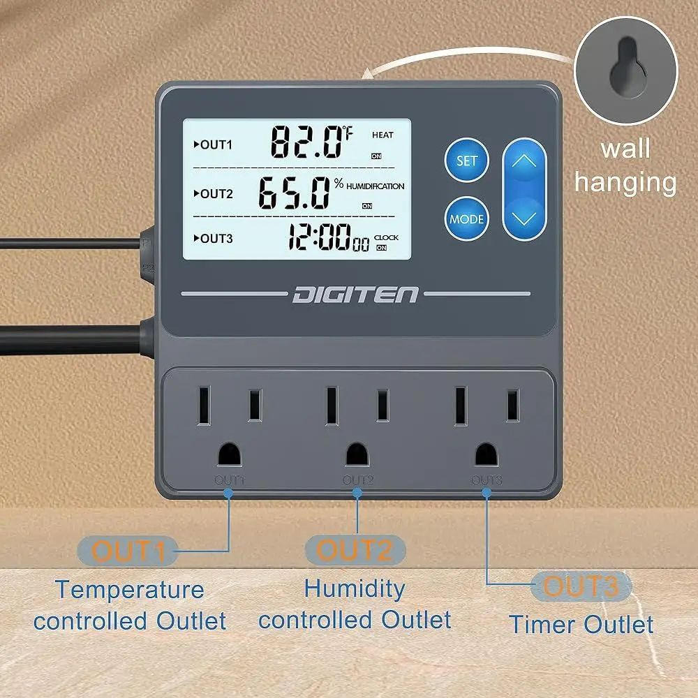 Reptile Temperature Humidity Controller Timer Thermostat 3-Stage Outlet Plug Humidistat LCD Display Precision Sensor Equipment