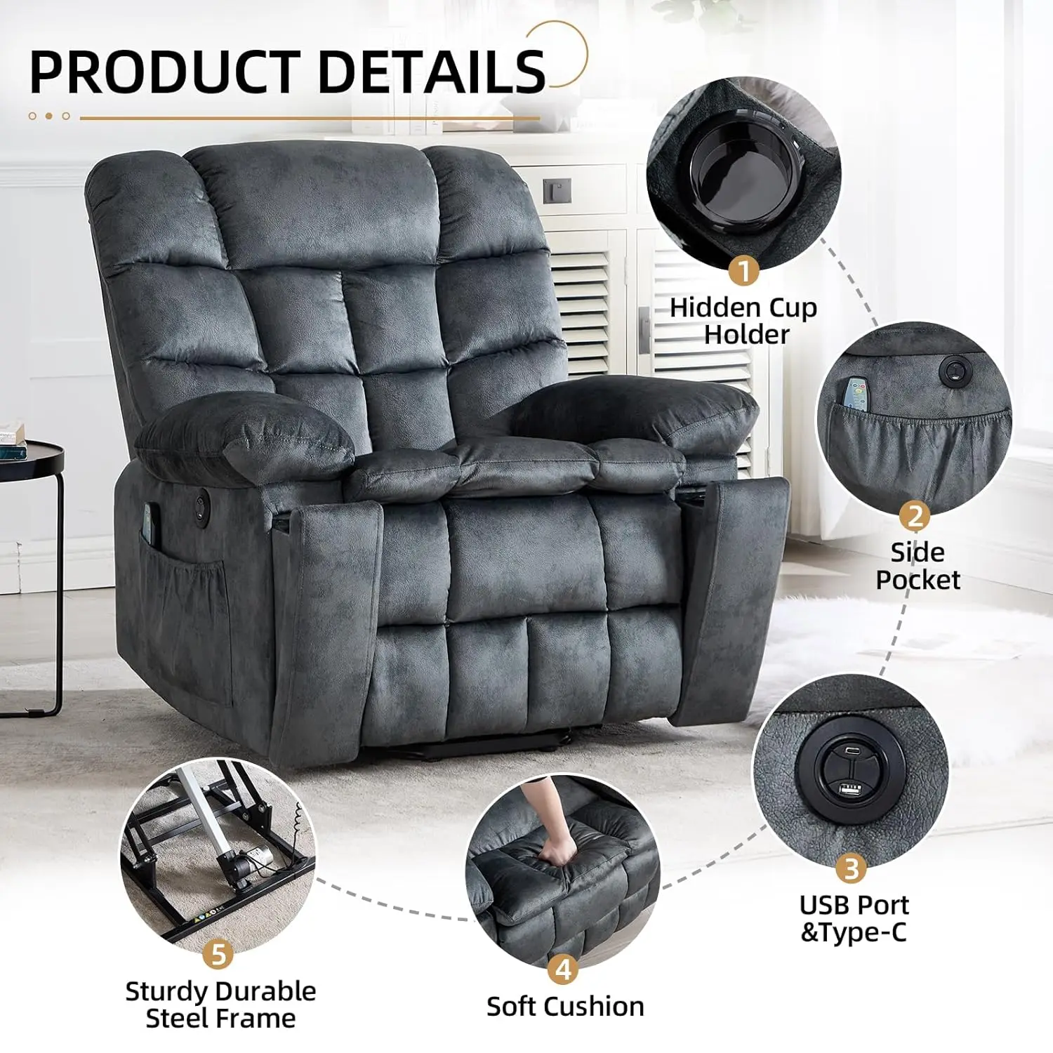 #Power Lift Recliner Massage Heat USB TypeC 2 Pockets Cup Holders Living Room Green Gray, Customized