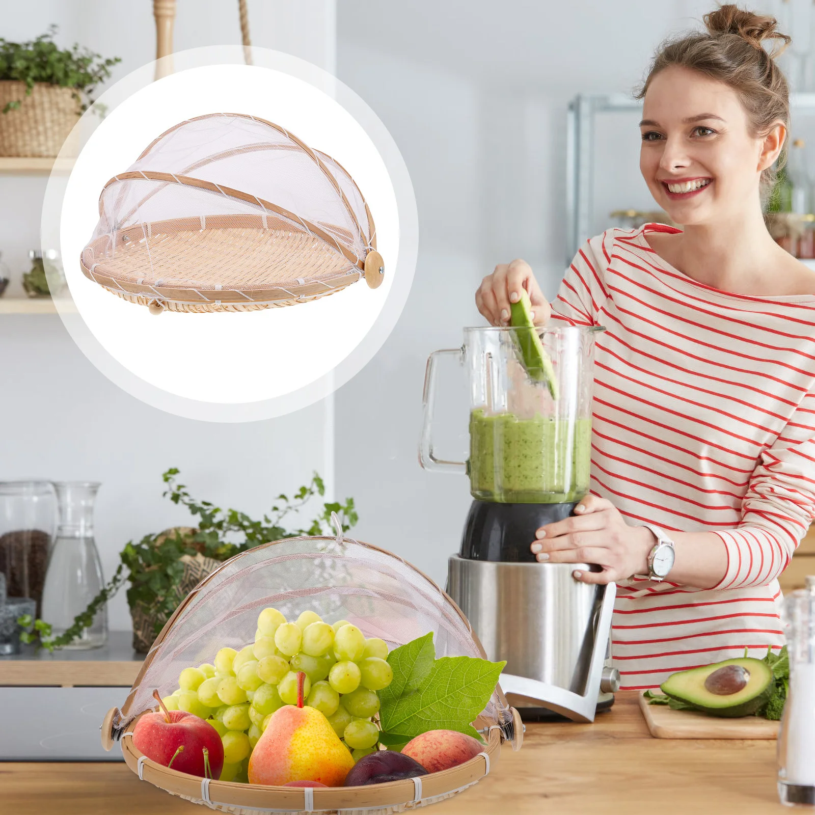 

2Pcs Bamboo Woven Storage Baskets Household Dustpan Baskets with Mesh Cover Multi-Purpose Kitchen Organizer