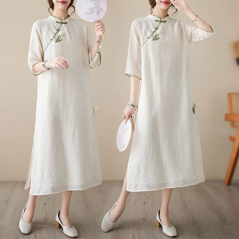 

Retro Chinese Sle Embroidered 3D Floral Hairpin Long Knee-Length Slip Dr Ladylike ort Sve Color Polyester
