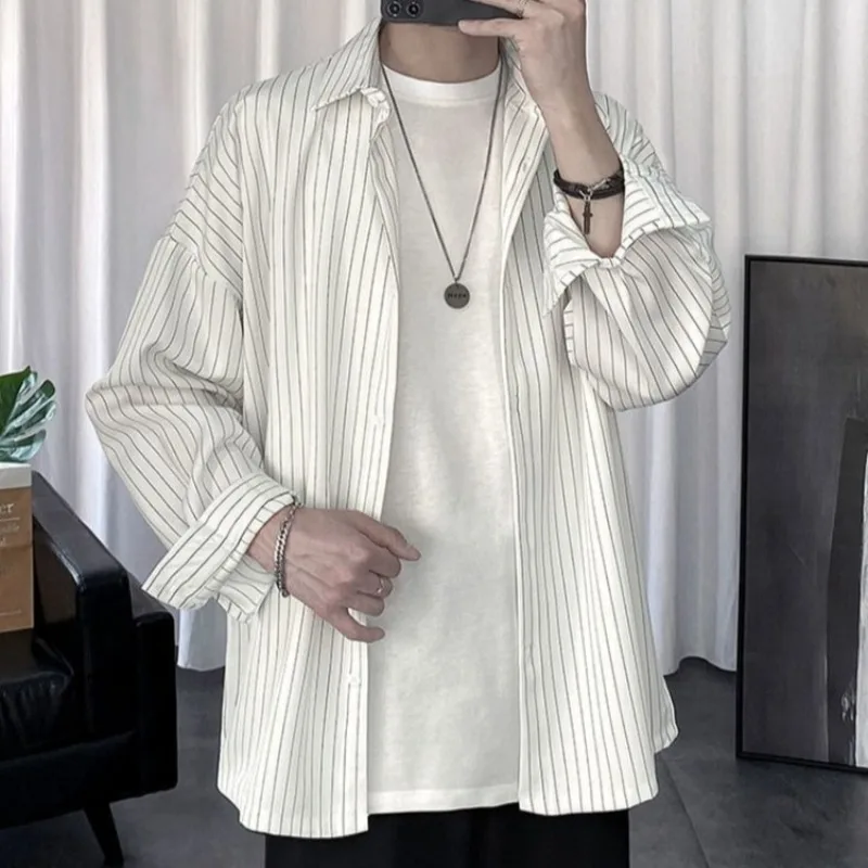 

Men's Spring Autumn Korean Style Casual 3 Piece Set Versatile Handsome Striped Long Sleeve Shirt Outfit