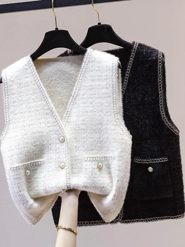 

Женский вязаный норковый жилет V-Ne, осенне-зимний модный свитер с накладкой на плечо, обычный тонкий однотонный жилет на одной пуговице...