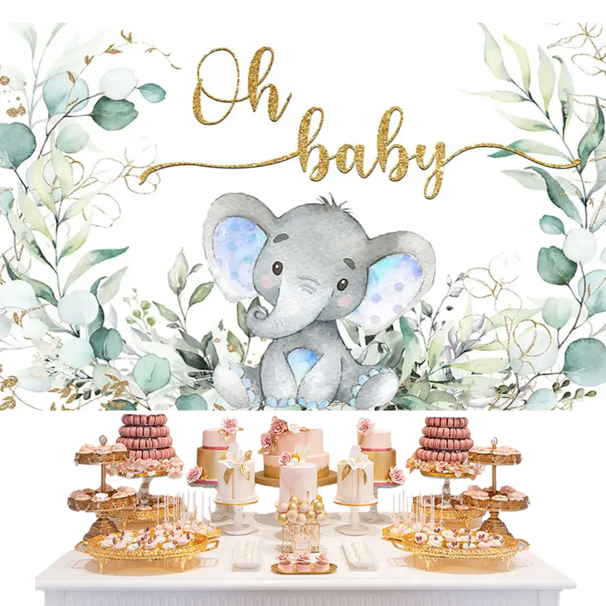 Elephant Theme Baby Shower Backdrops Flower Baptism Boy Girl First Holy Birthday Party Newborn Backgrounds Decor Supplies Photo