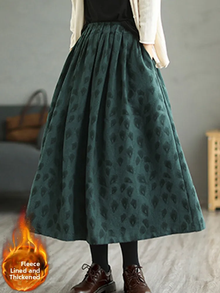 

Юбка-миди трапециевидной формы с высокой талией, женские осенне-зимние юбки из смеси хлопка и льна с цветочной вышивкой для офиса