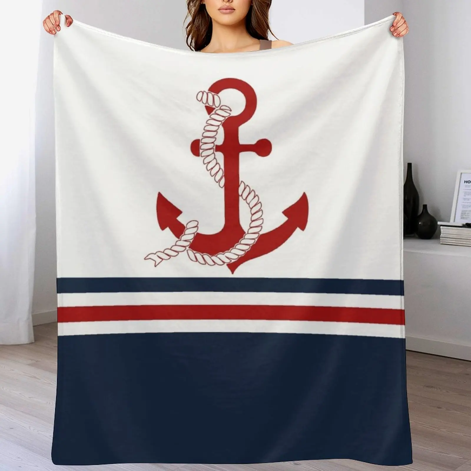 

Nautical navy blue and white stripes with a red anchor Throw Blanket Summer Cool Breathable Blanket for Sleeping