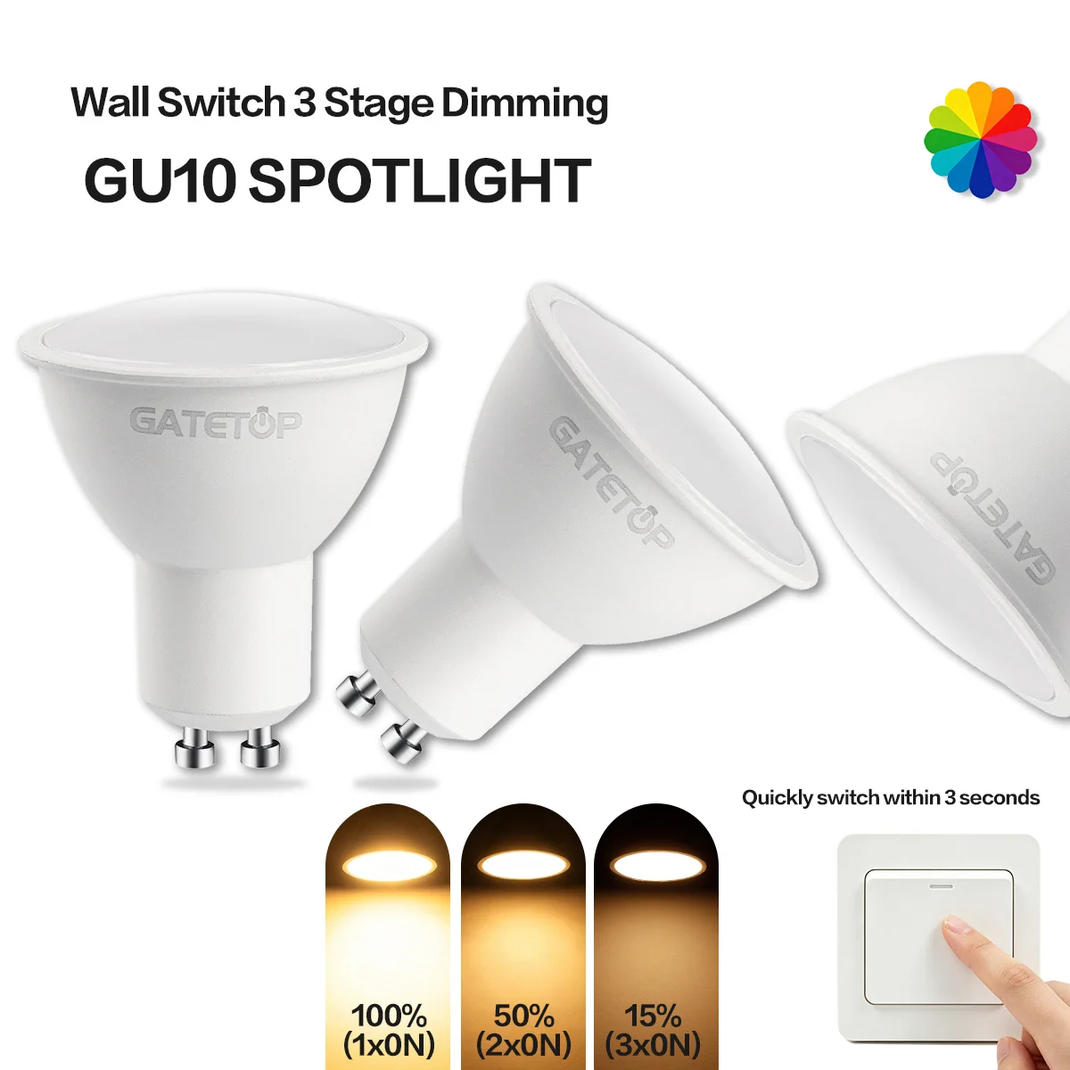 Flicker-Free Dimmable Controlled By Wall on‑Off Switch 3‑Way GU10 Bulb LED Spot 100% 50% 15% Bright 220V for Floor Bedside Lamps