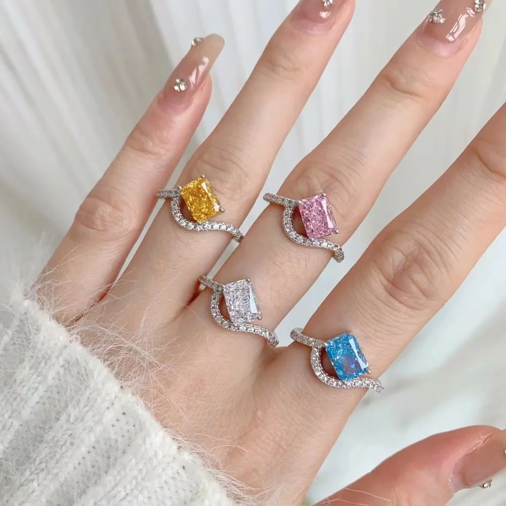 

EYER 925 Silver Ring Women Prong Setting White Yellow Pink Blue Diamond Wedding Bands Engagement Party Gift Fine Jewelry