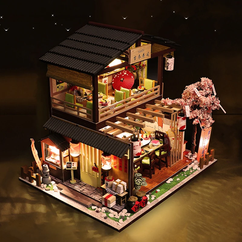 DIY Houten Miniatuur Model Kit Japanse Sushi Winkel Casa Poppenhuizen 3D Puzzel Poppenhuis Met Meubelverlichting voor Vrienden Geschenken