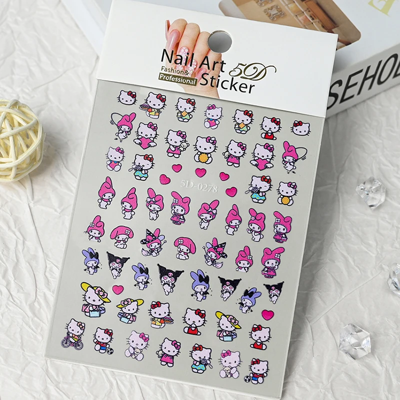 5D Navidad Rosa-Rojo dibujos animados Hello Kitty pegatinas de uñas Kawaii multi-expresión Kitty/Kuromi calcomanía de uñas DIY chica manicura deslizador