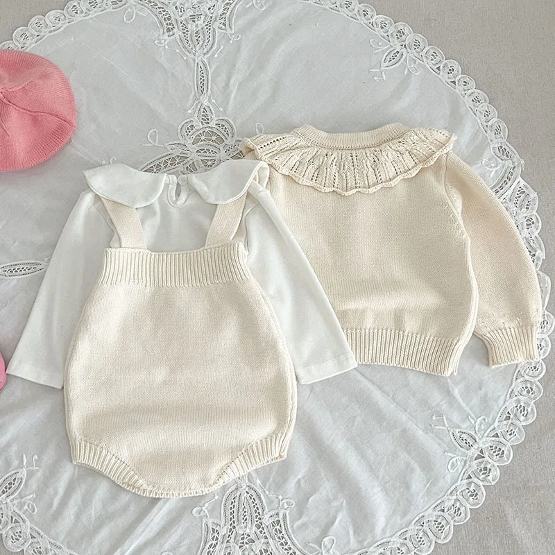 ZOETOPKID Autumn Winter Toddler Girl Knitting Clothes Suit Long Sleeved Embroidered Knitted Cardigan+Jumpsuit Baby Clothes Set 2
