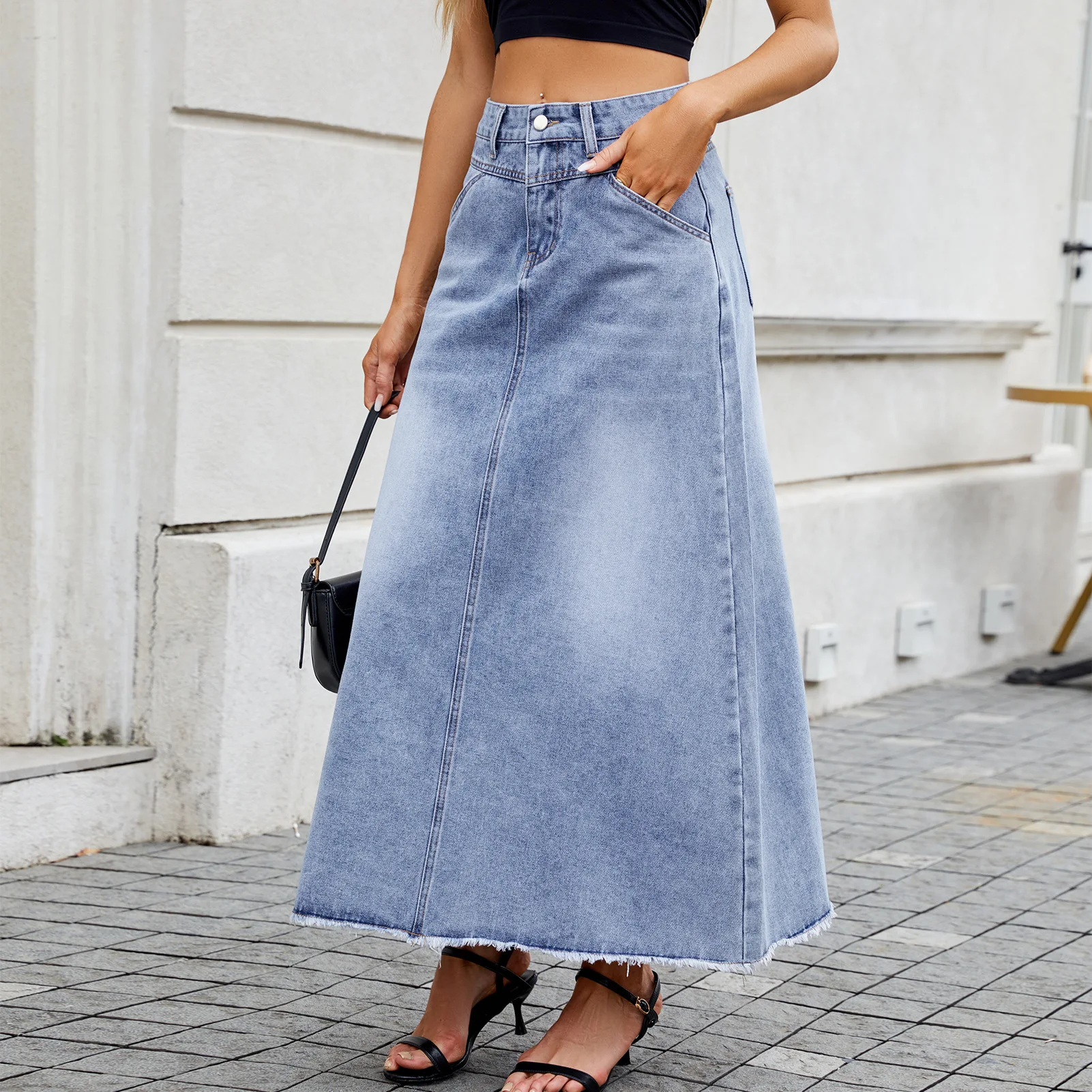 

2026 Denim Long Skirt Women Summer Basics Skirts Streetwear High Waist Washed Distressed Pockets Button Y2k Vintage A Line