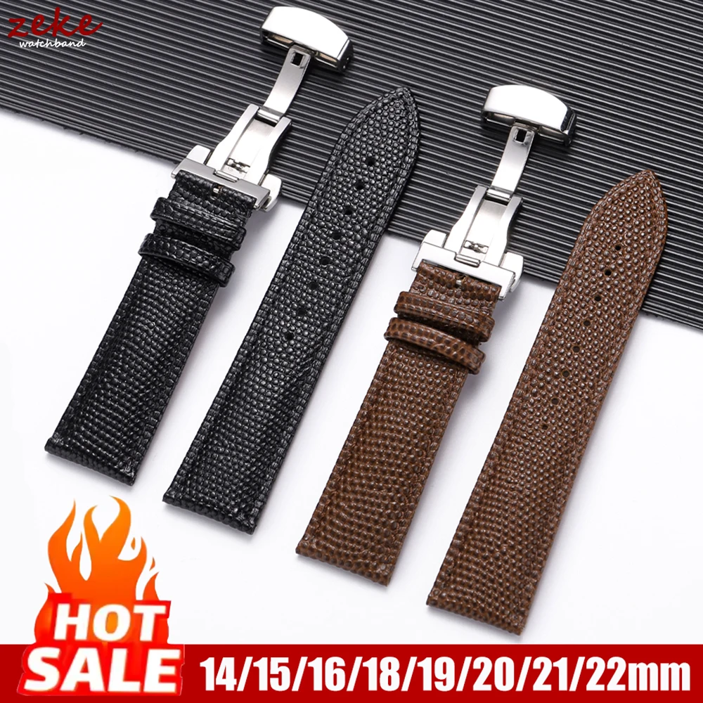 Genuine Cowhide Watch Straps 14/15/16/18/19/20/21/22mm Lizard Pattern Leather Band Watch Bracelet Butterfly Clasp Wristband Belt