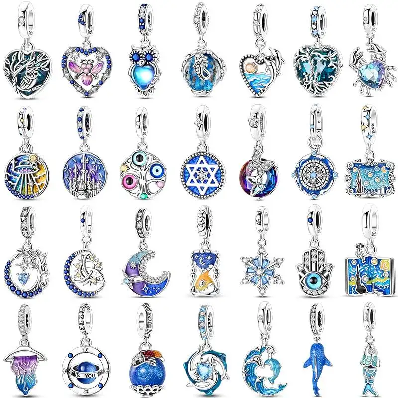 Hapilife 925 Sterling Silver Multi Color Charms Blue Series Butterfly Heart Pendant Fit Bracelet DIY Jewelry Gifts For Women