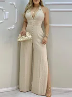 Mono liso liso con encaje para mujer, mono con abertura en la espalda abierta, peleles informales sin mangas con cuello en V, piezas de una pieza para mujer