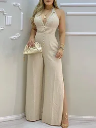 Ladies Plain Solid Jumpsuit Lace-trimmed Open Back Slit Jumpsuit Women Casual V-neck Sleeveless Rompers Women's One Pieces